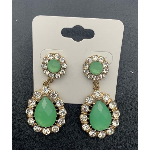 Beautiful Gold Tone & Faceted Jade Green And Clear Rhinestone Pierced Earrings - Picture 2 of 4